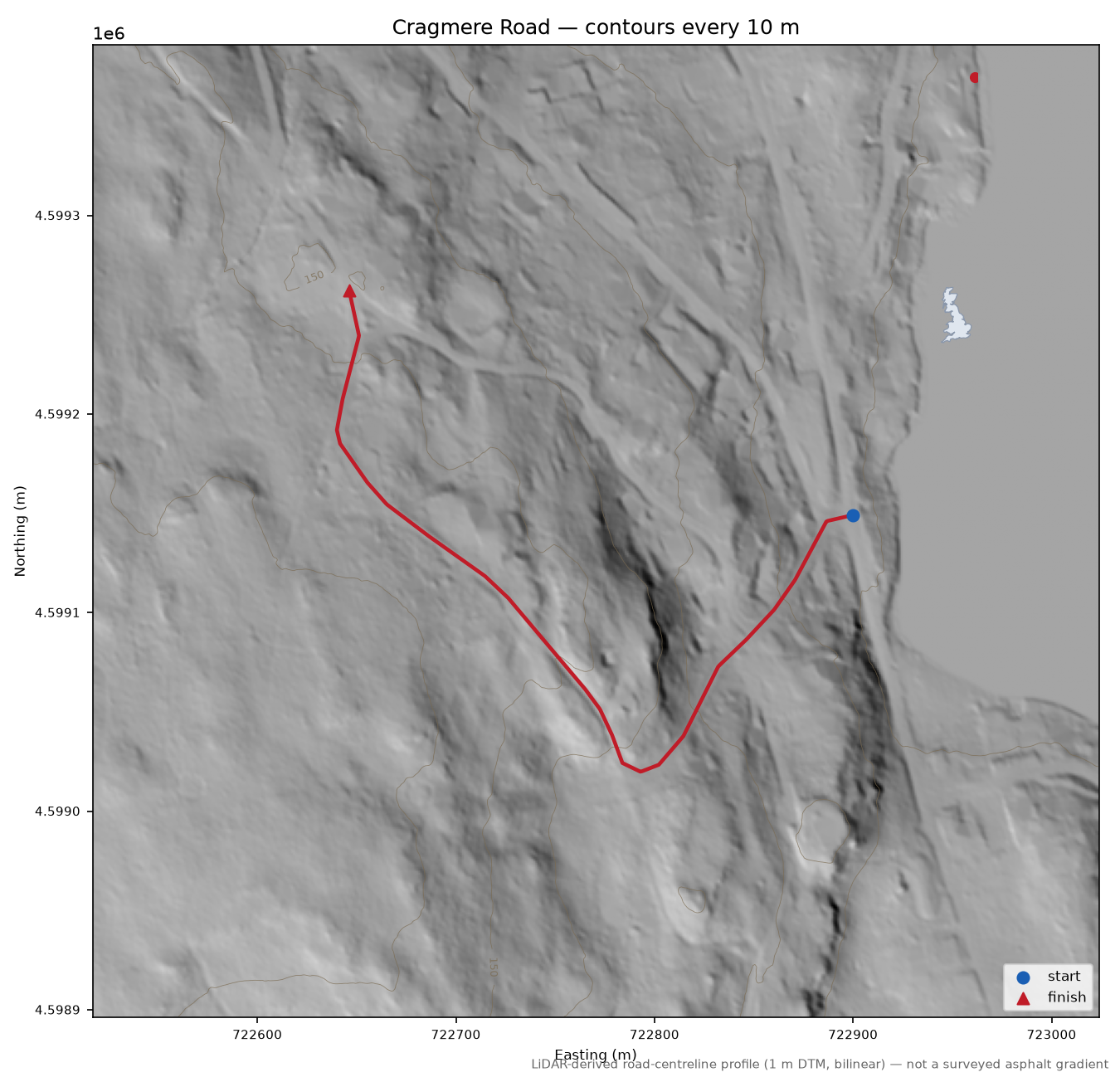 Cragmere Road LiDAR hillshade map with contours