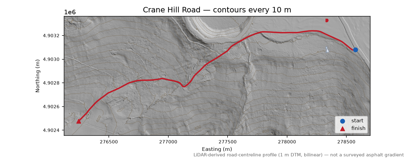 Crane Hill Road LiDAR hillshade map with contours