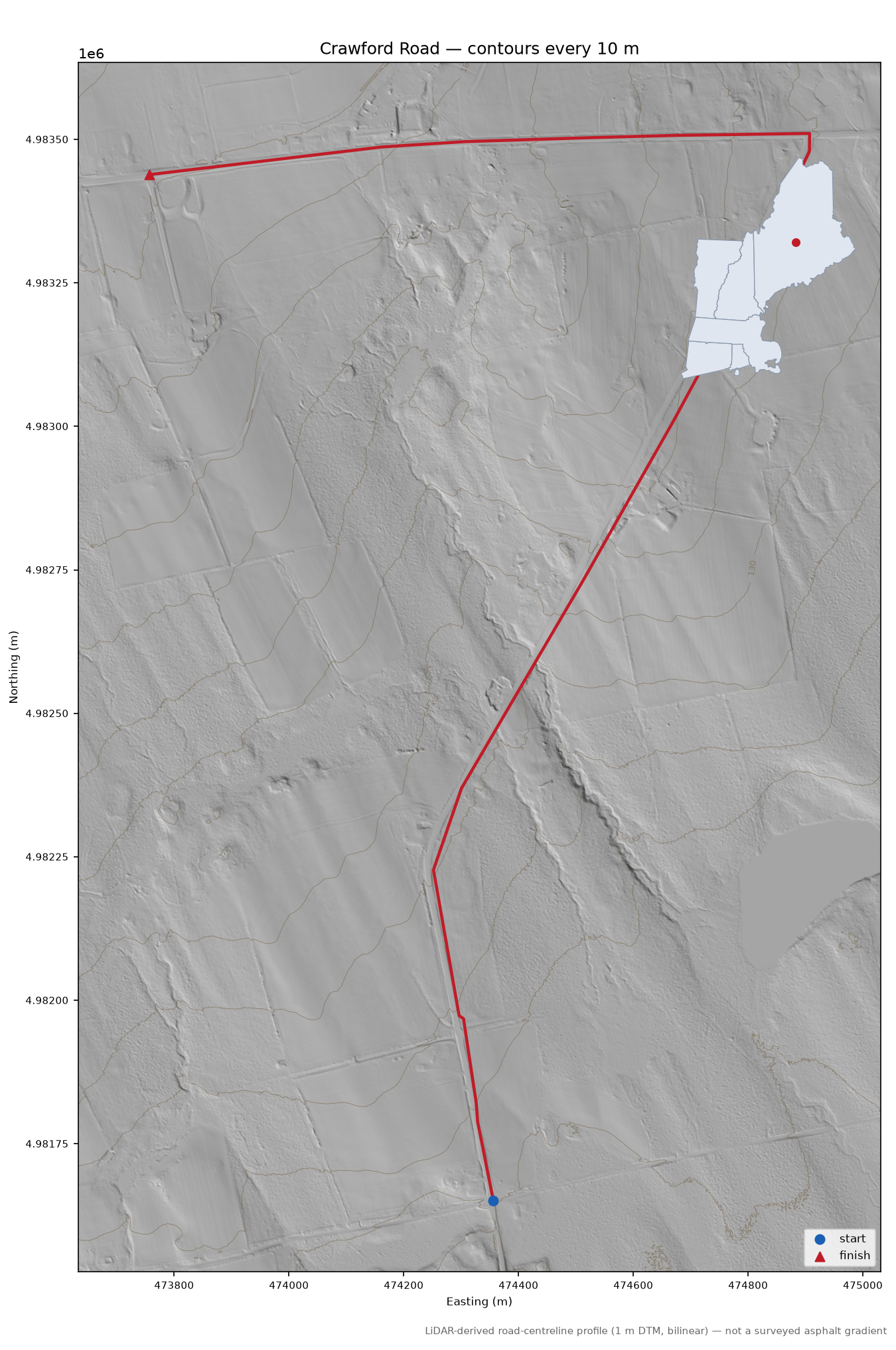 Crawford Road LiDAR hillshade map with contours