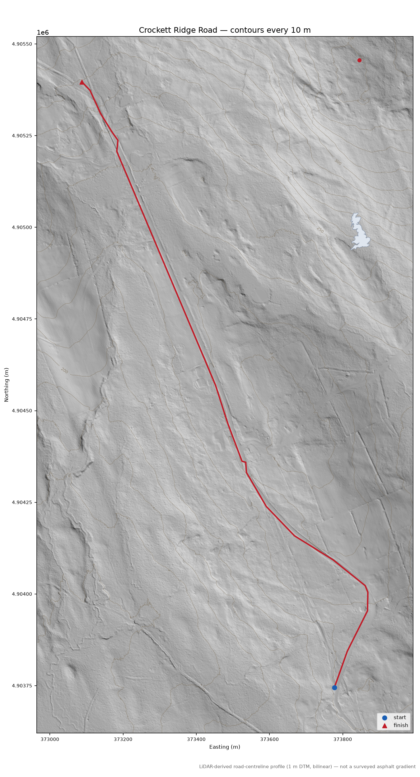 Crockett Ridge Road LiDAR hillshade map with contours