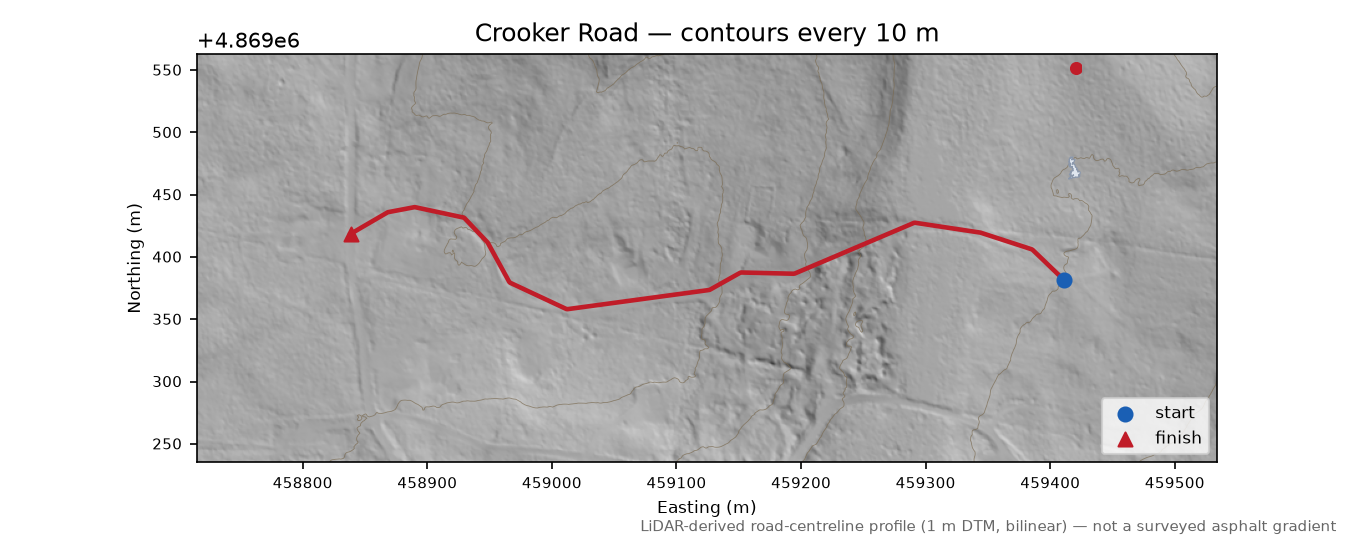 Crooker Road LiDAR hillshade map with contours