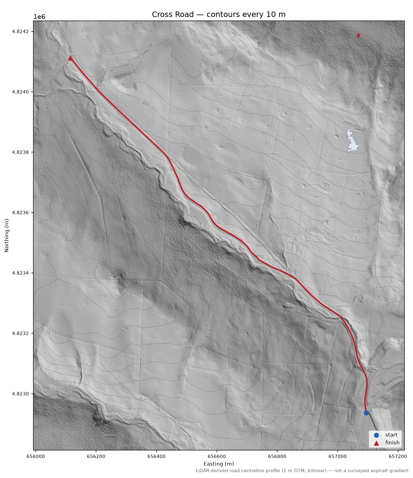 Cross Road LiDAR hillshade map with contours