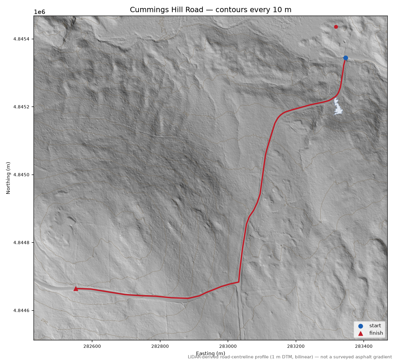 Cummings Hill Road LiDAR hillshade map with contours