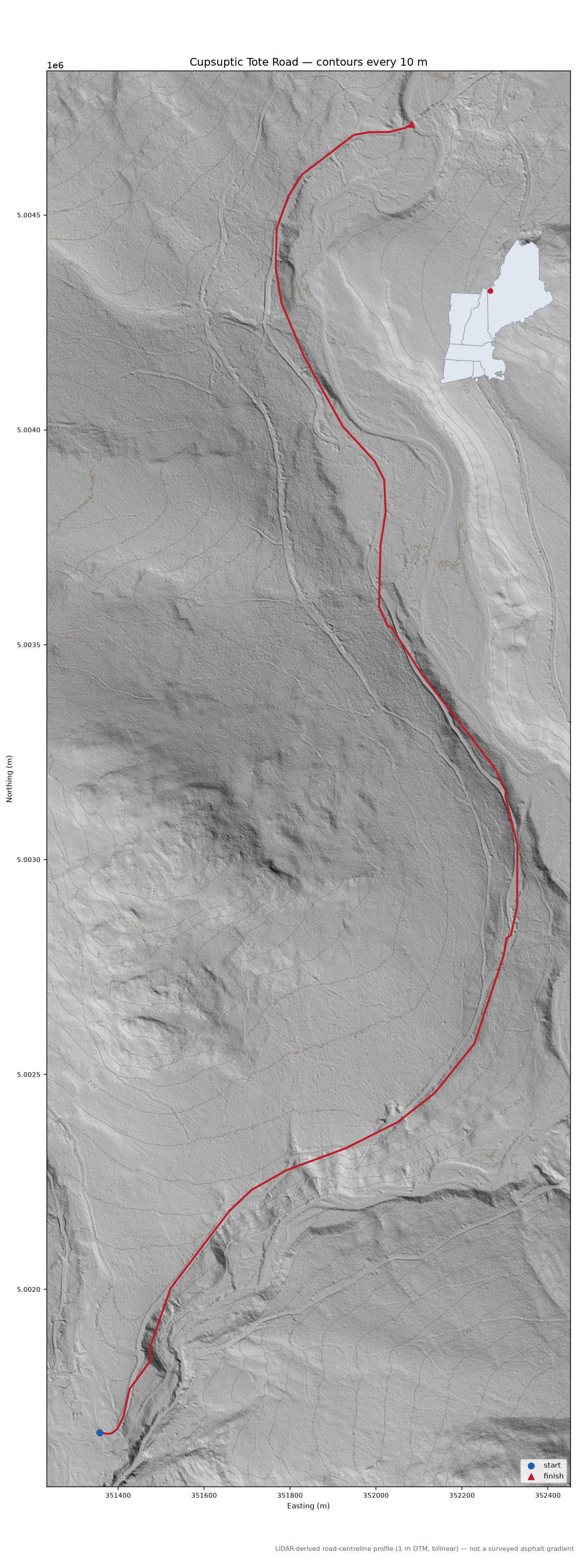 Cupsuptic Tote Road LiDAR hillshade map with contours