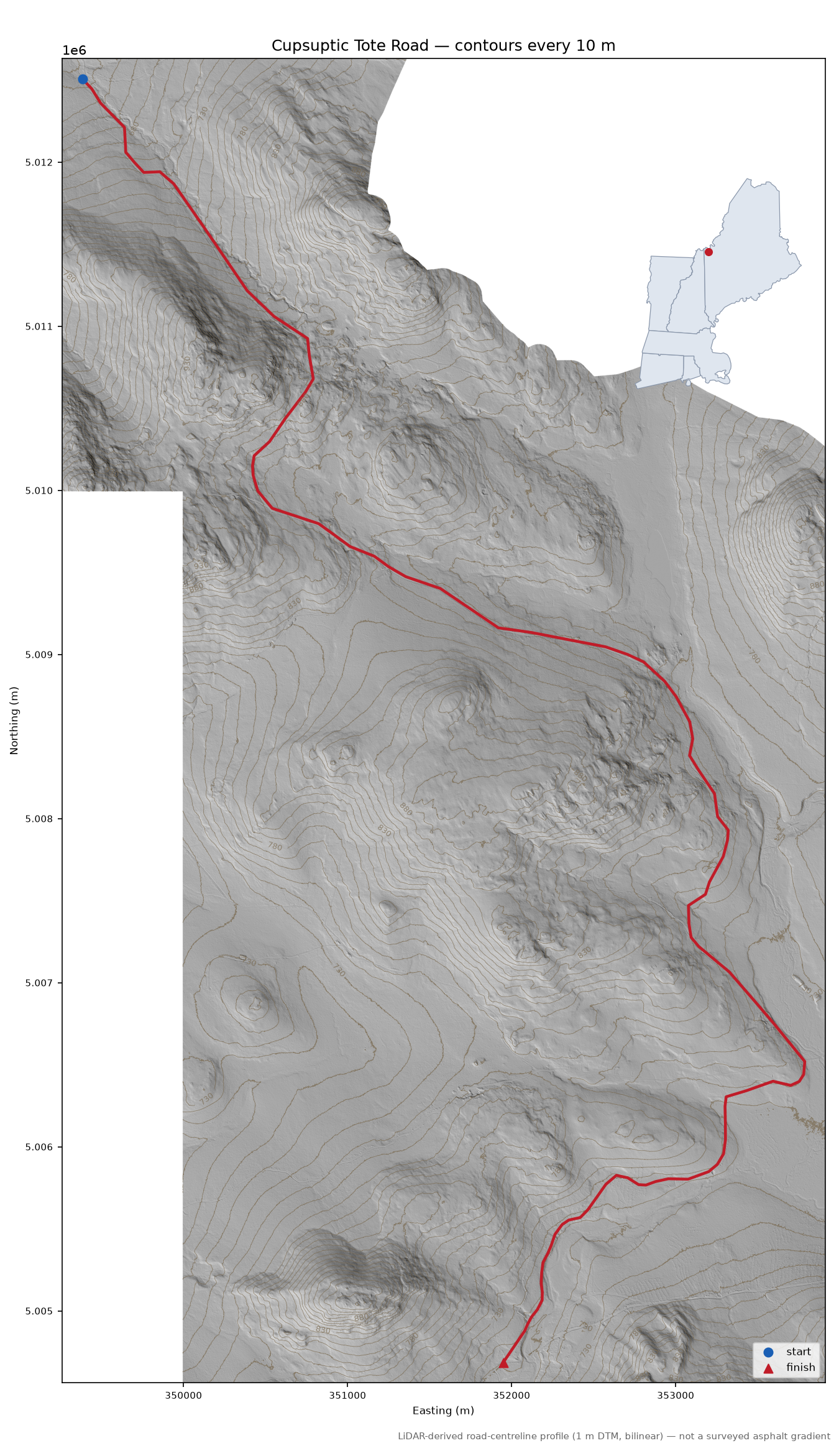 Cupsuptic Tote Road LiDAR hillshade map with contours