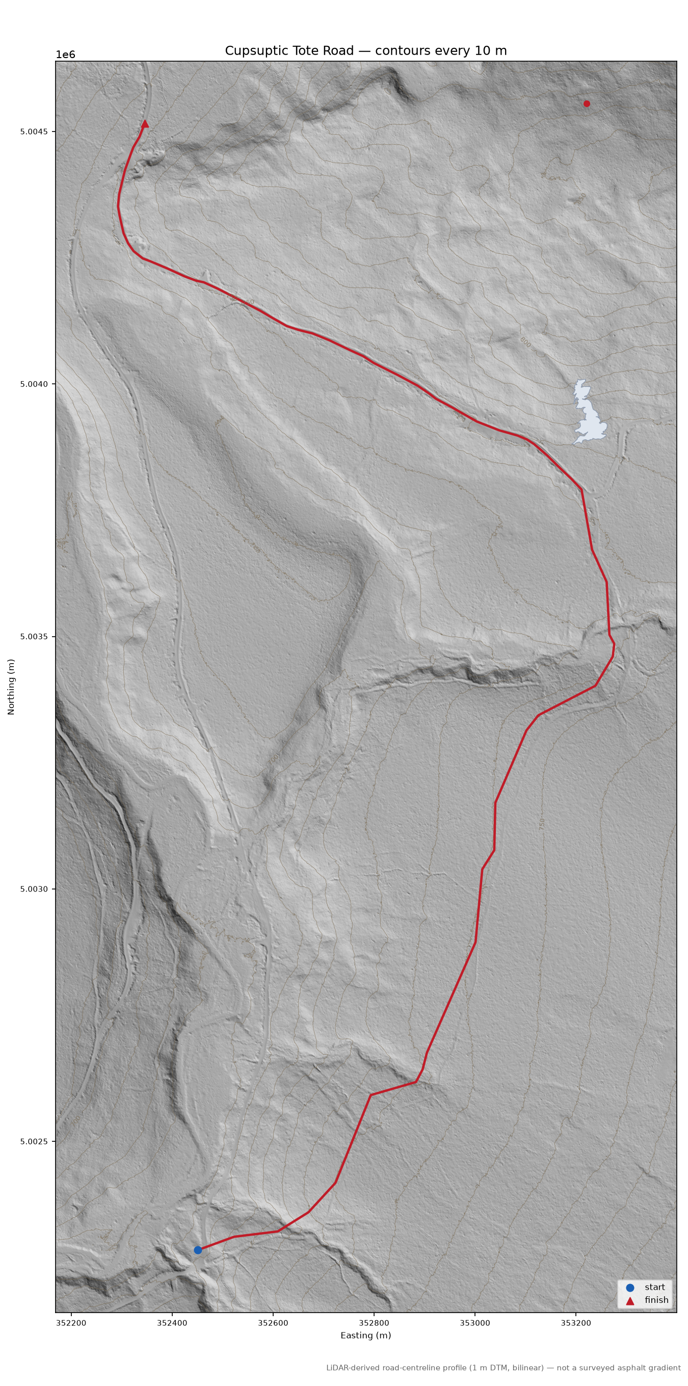 Cupsuptic Tote Road LiDAR hillshade map with contours