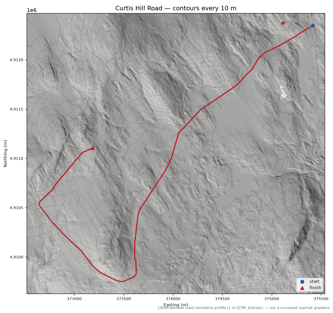 Curtis Hill Road LiDAR hillshade map with contours
