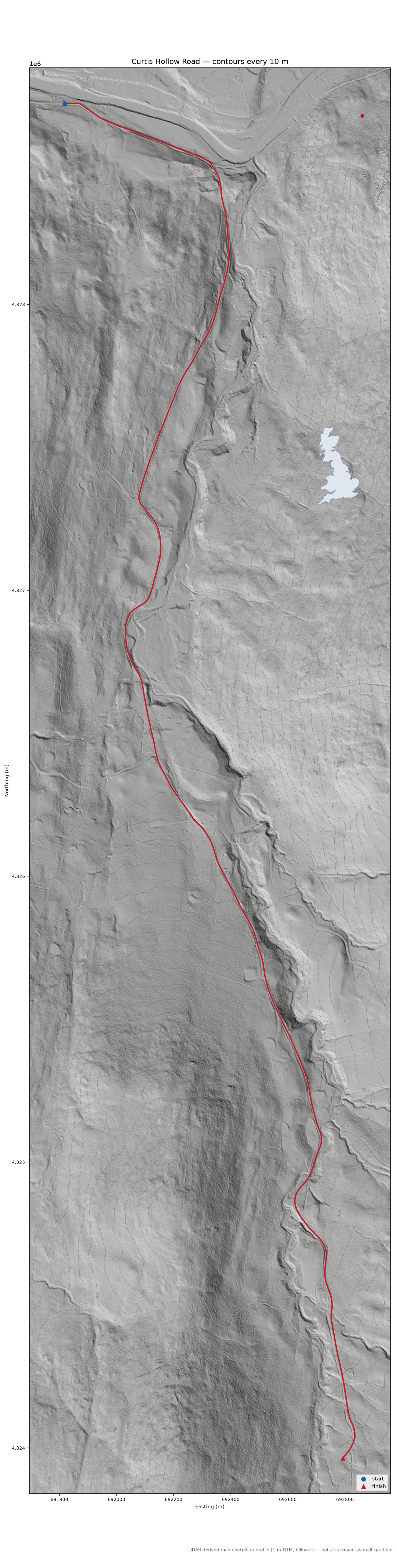 Curtis Hollow Road LiDAR hillshade map with contours