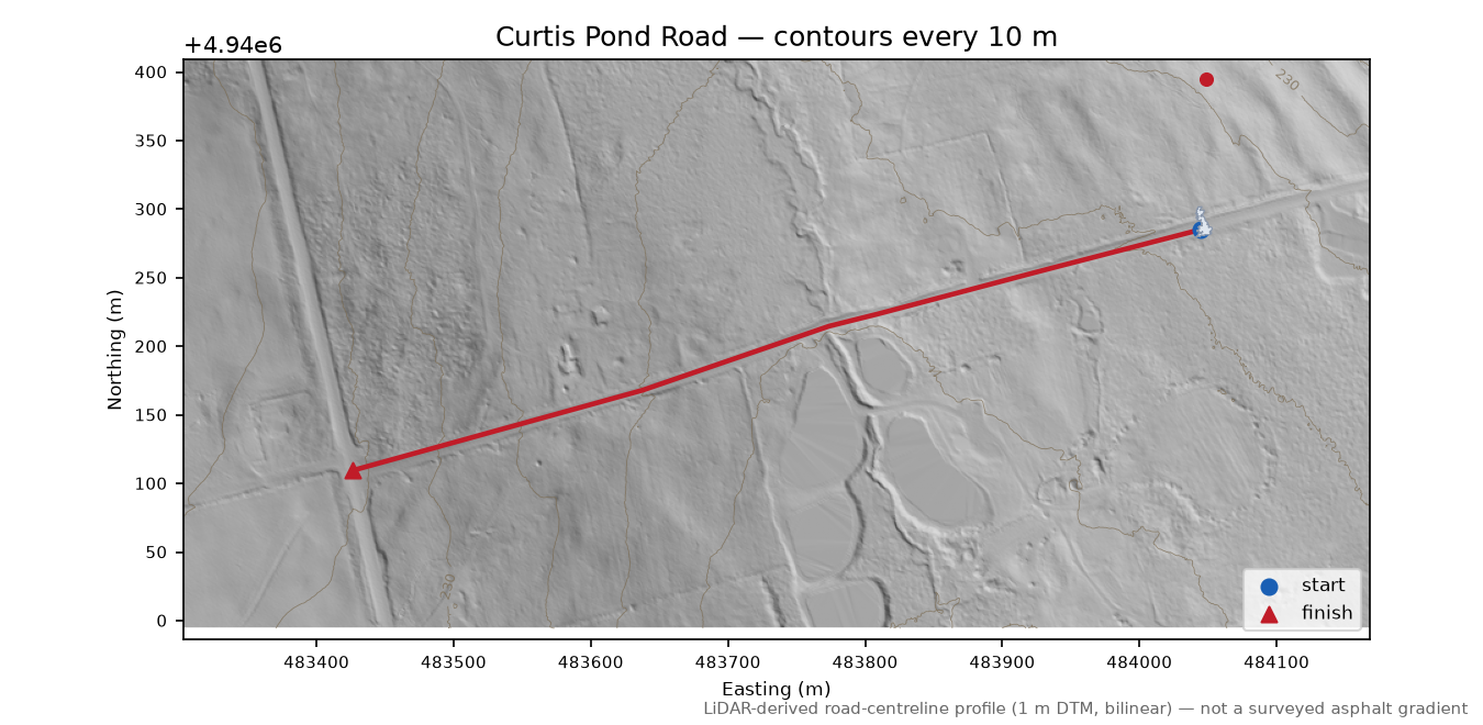 Curtis Pond Road LiDAR hillshade map with contours