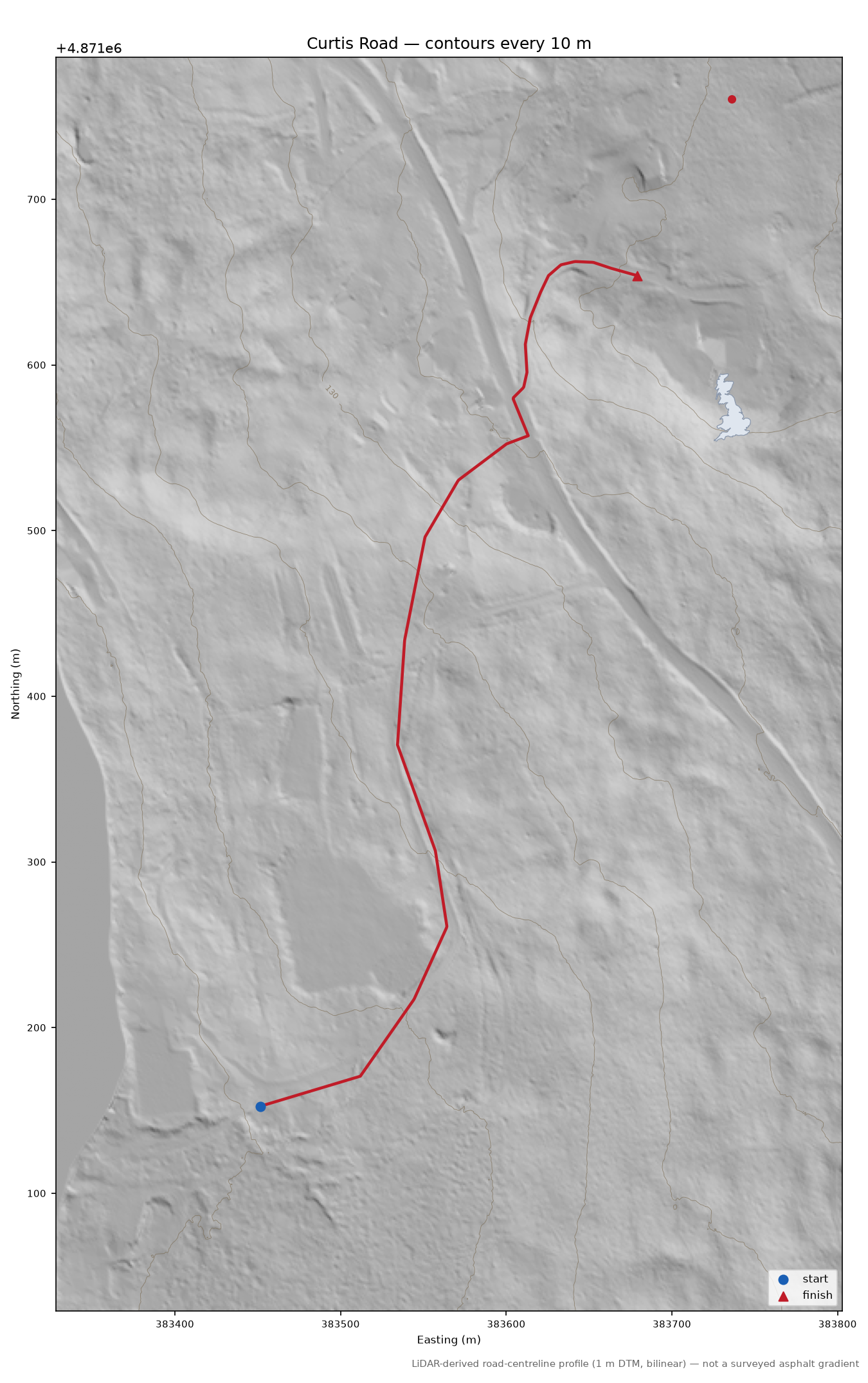 Curtis Road LiDAR hillshade map with contours