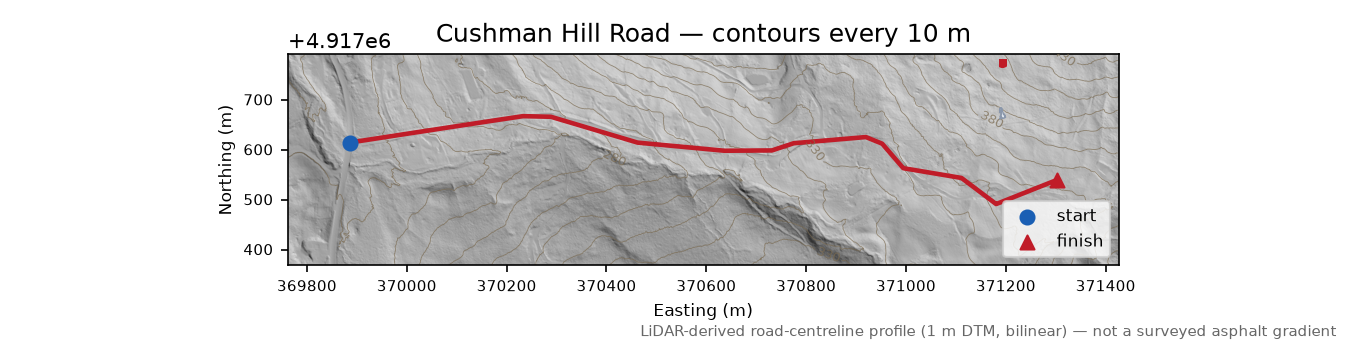 Cushman Hill Road LiDAR hillshade map with contours