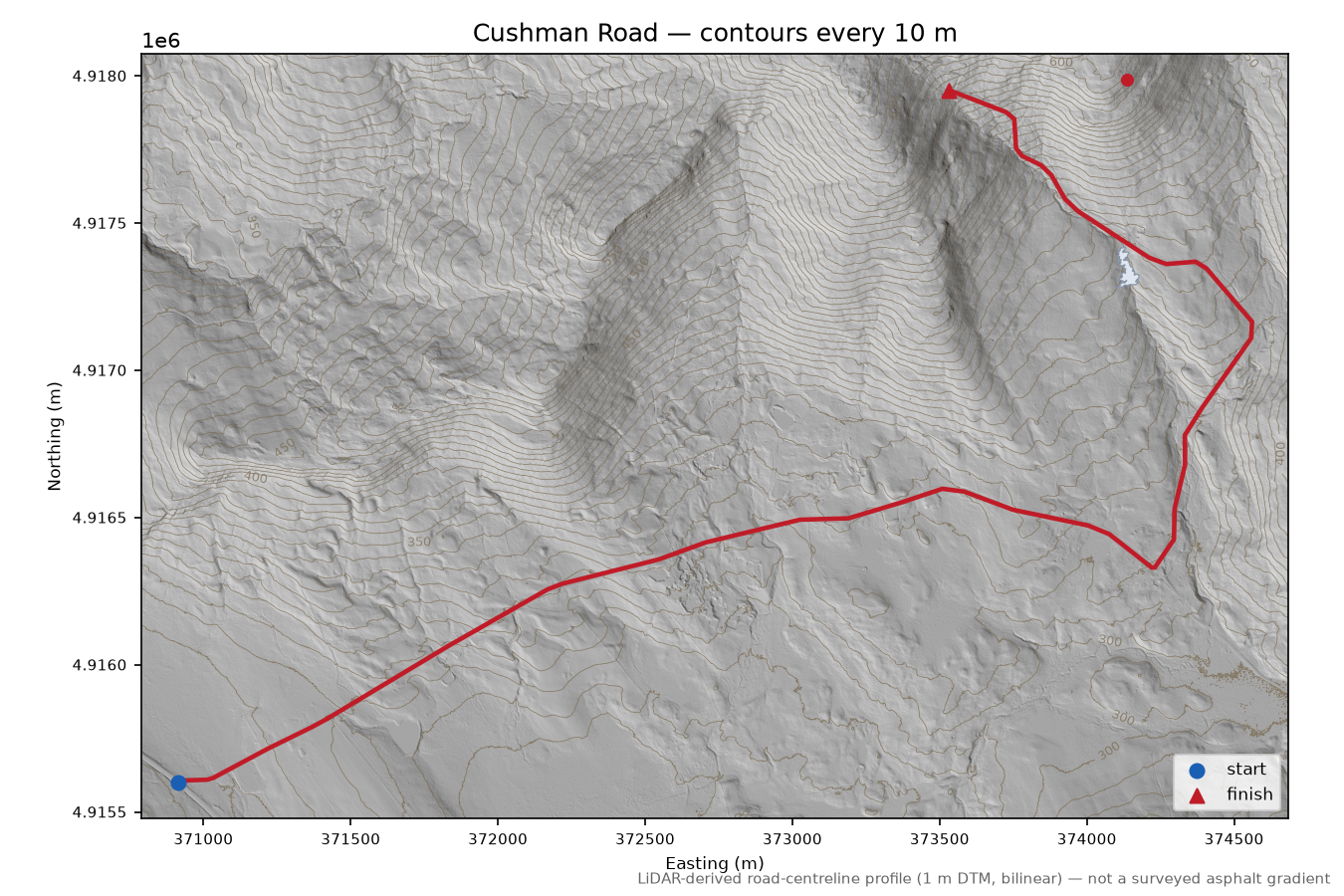 Cushman Road LiDAR hillshade map with contours