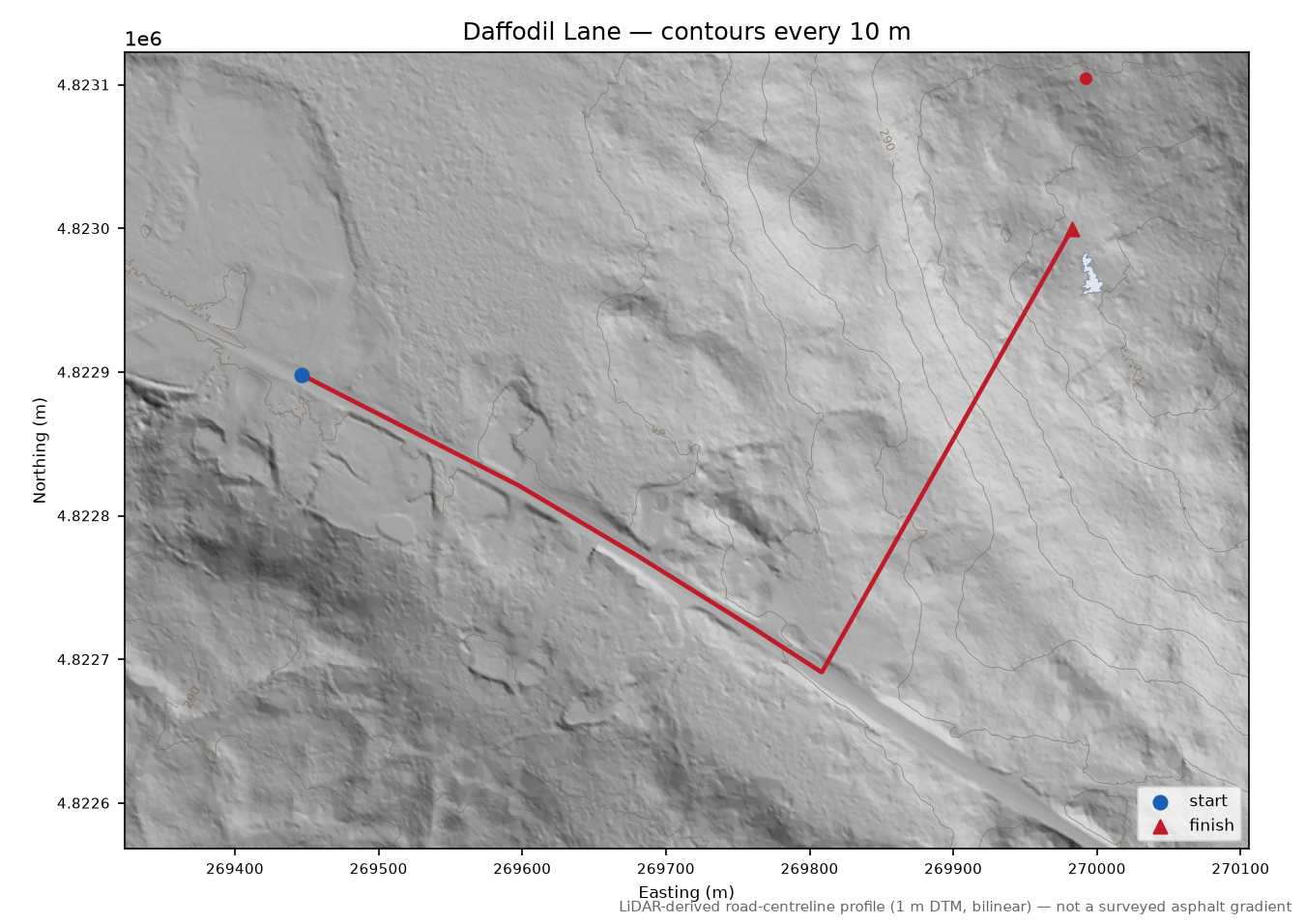Daffodil Lane LiDAR hillshade map with contours