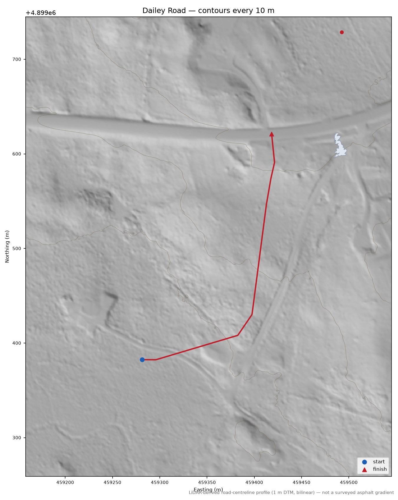 Dailey Road LiDAR hillshade map with contours