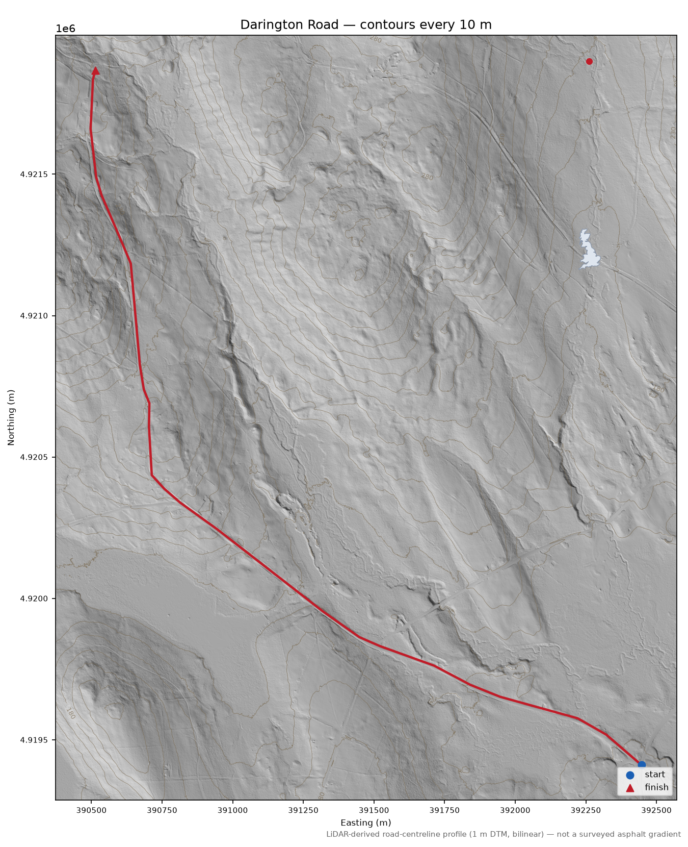 Darington Road LiDAR hillshade map with contours