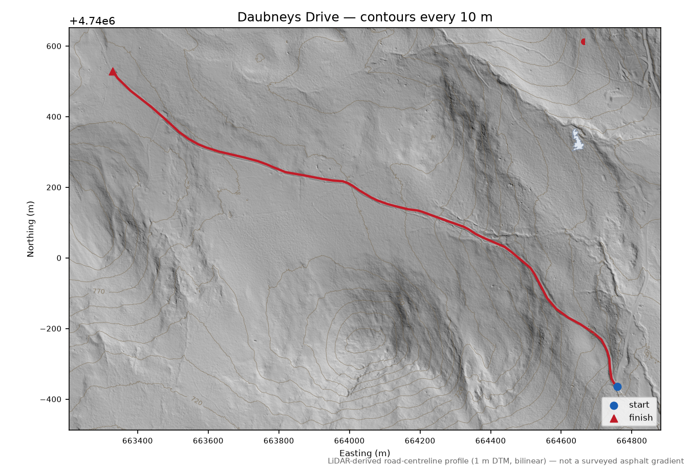 Daubneys Drive LiDAR hillshade map with contours