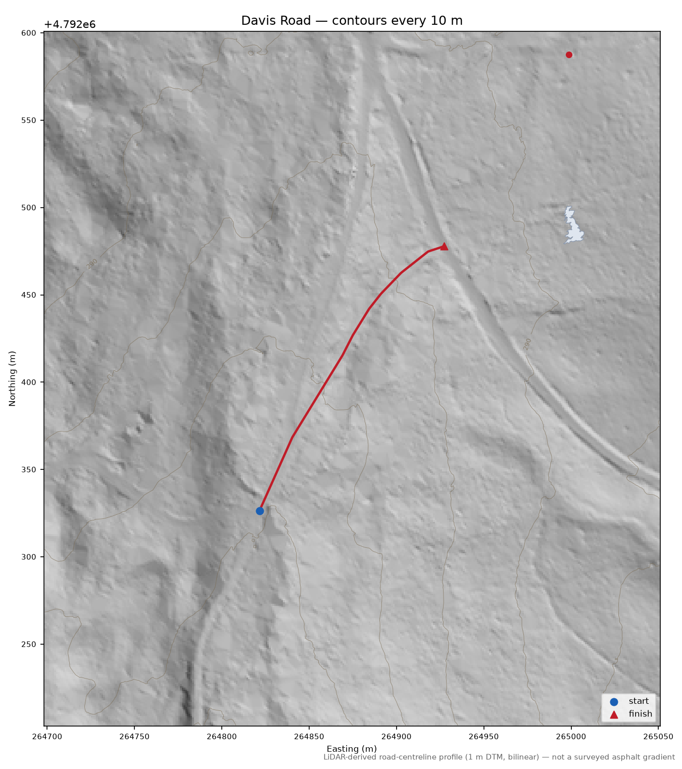 Davis Road LiDAR hillshade map with contours