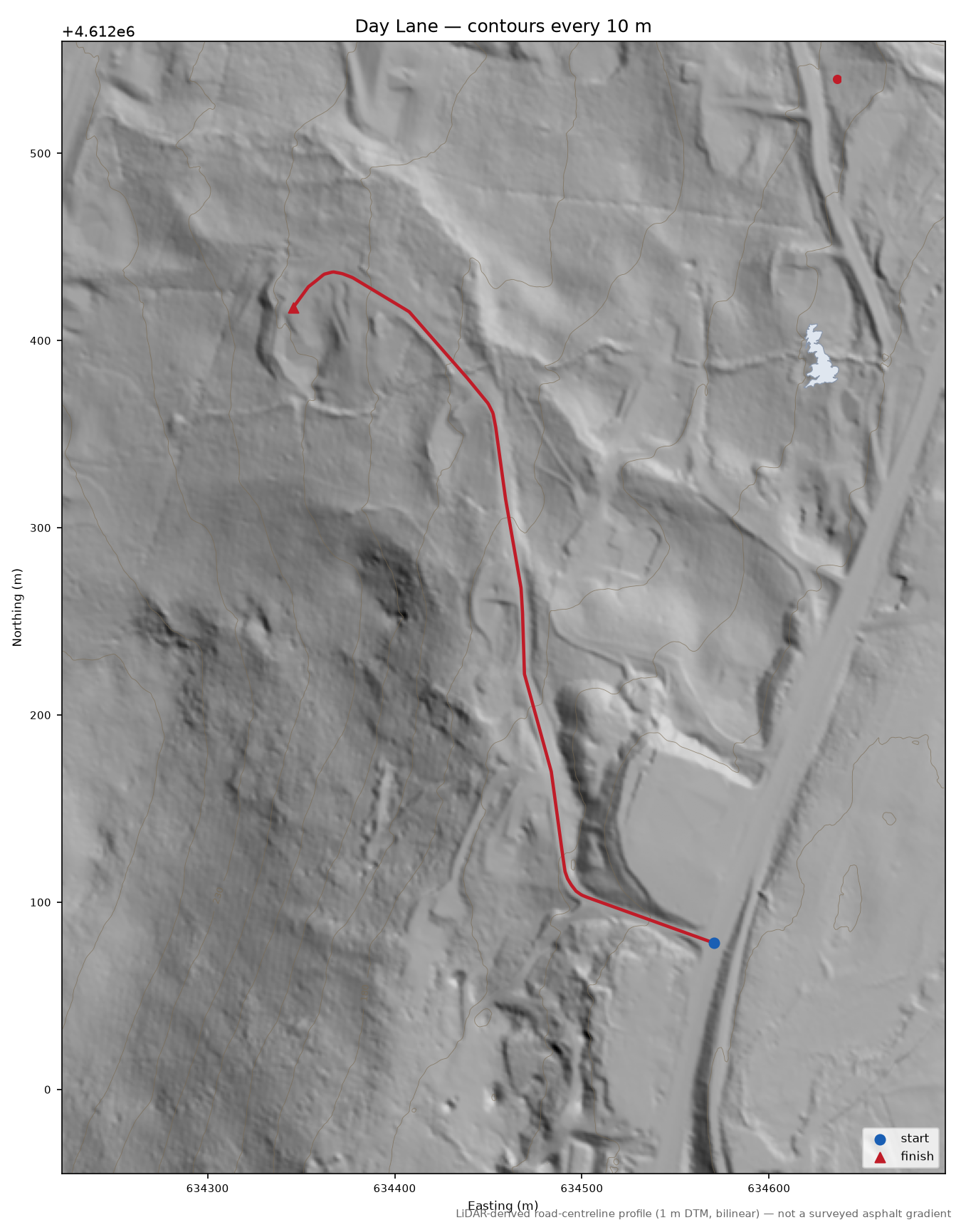 Day Lane LiDAR hillshade map with contours