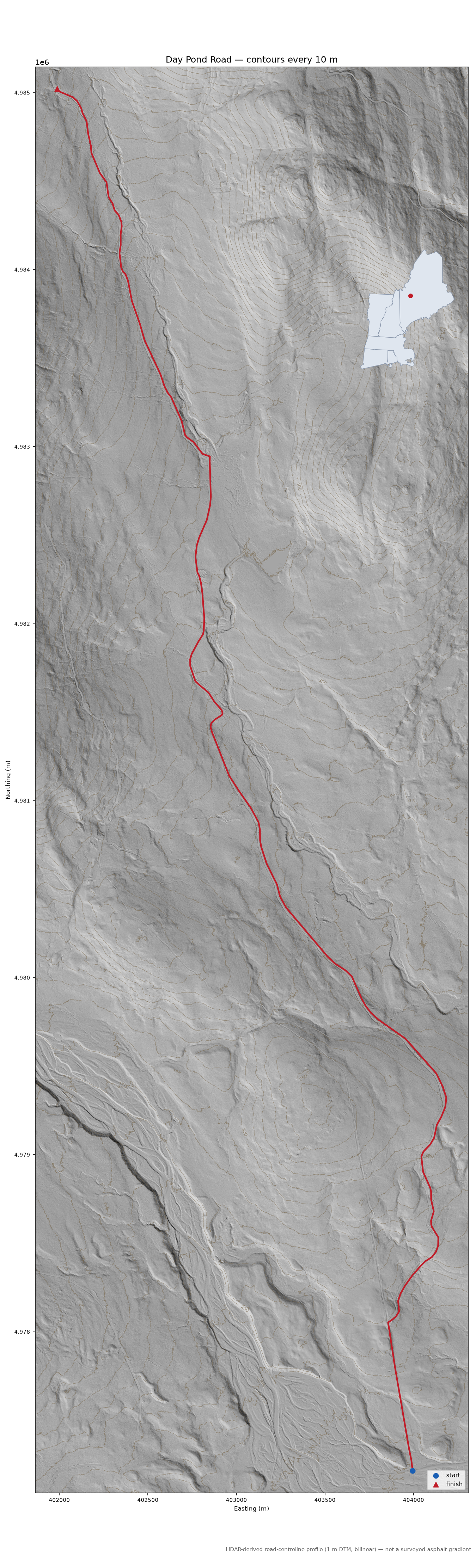 Day Pond Road LiDAR hillshade map with contours