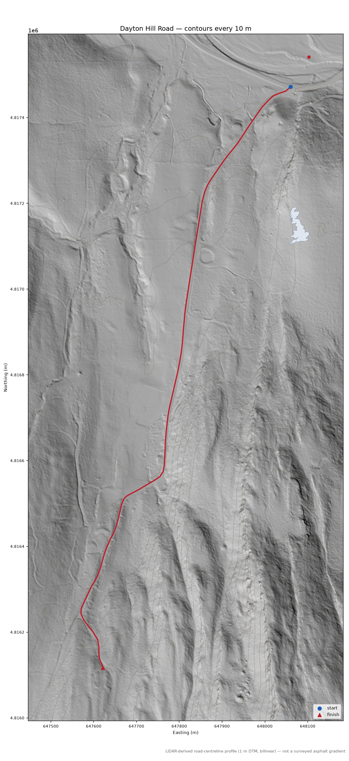 Dayton Hill Road LiDAR hillshade map with contours