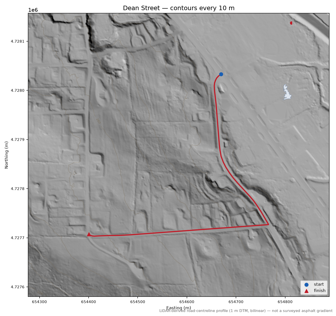 Dean Street LiDAR hillshade map with contours
