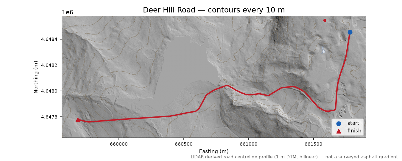Deer Hill Road LiDAR hillshade map with contours