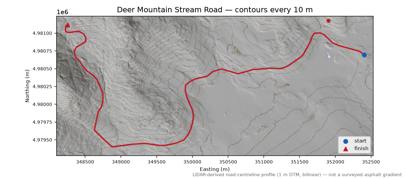 Deer Mountain Stream Road LiDAR hillshade map with contours