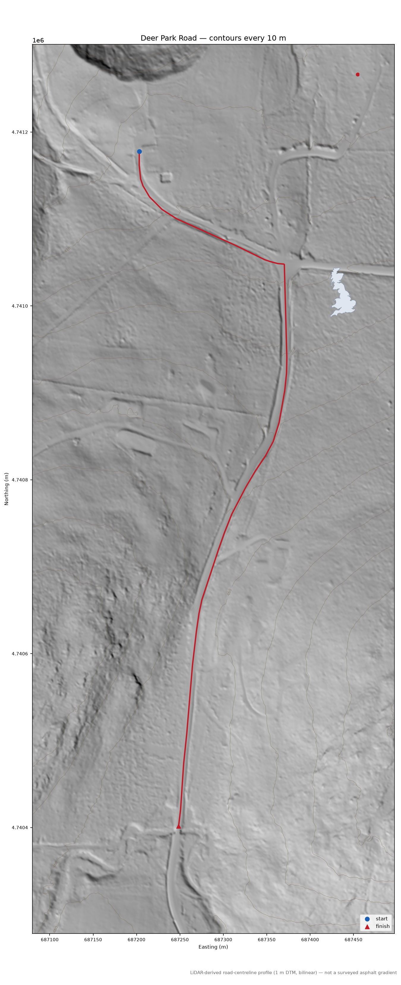 Deer Park Road LiDAR hillshade map with contours