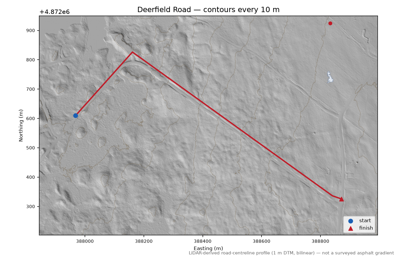 Deerfield Road LiDAR hillshade map with contours