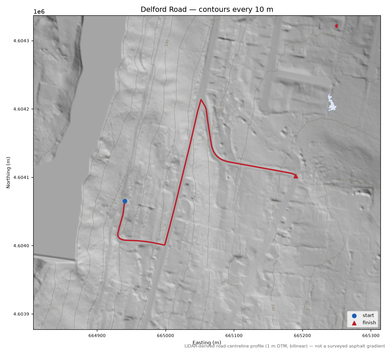 Delford Road LiDAR hillshade map with contours