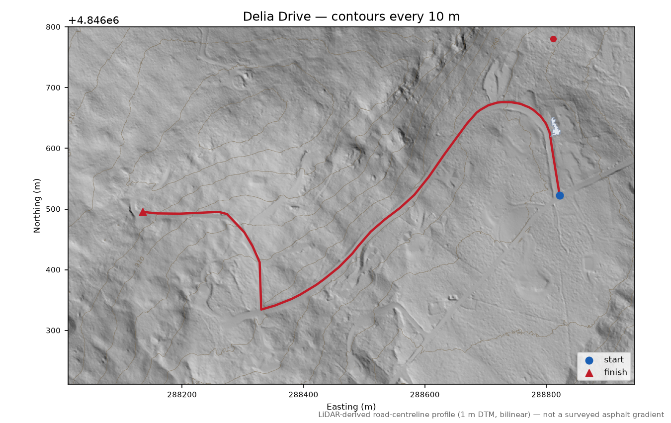 Delia Drive LiDAR hillshade map with contours