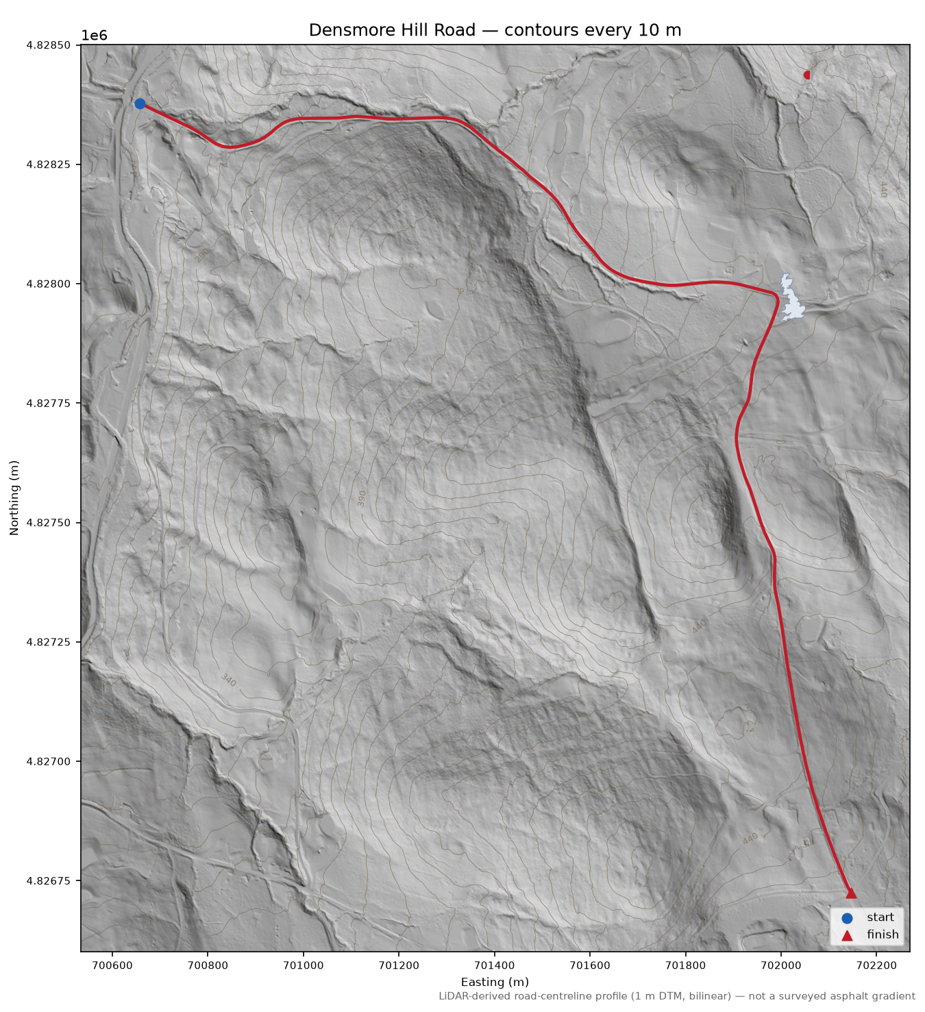 Densmore Hill Road LiDAR hillshade map with contours