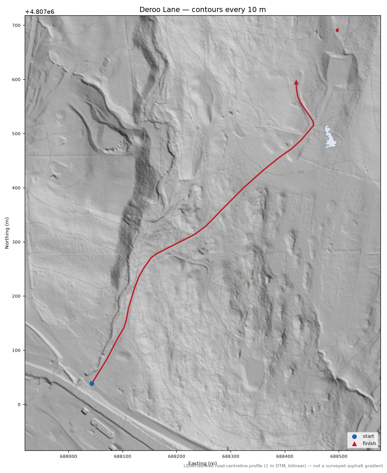 Deroo Lane LiDAR hillshade map with contours