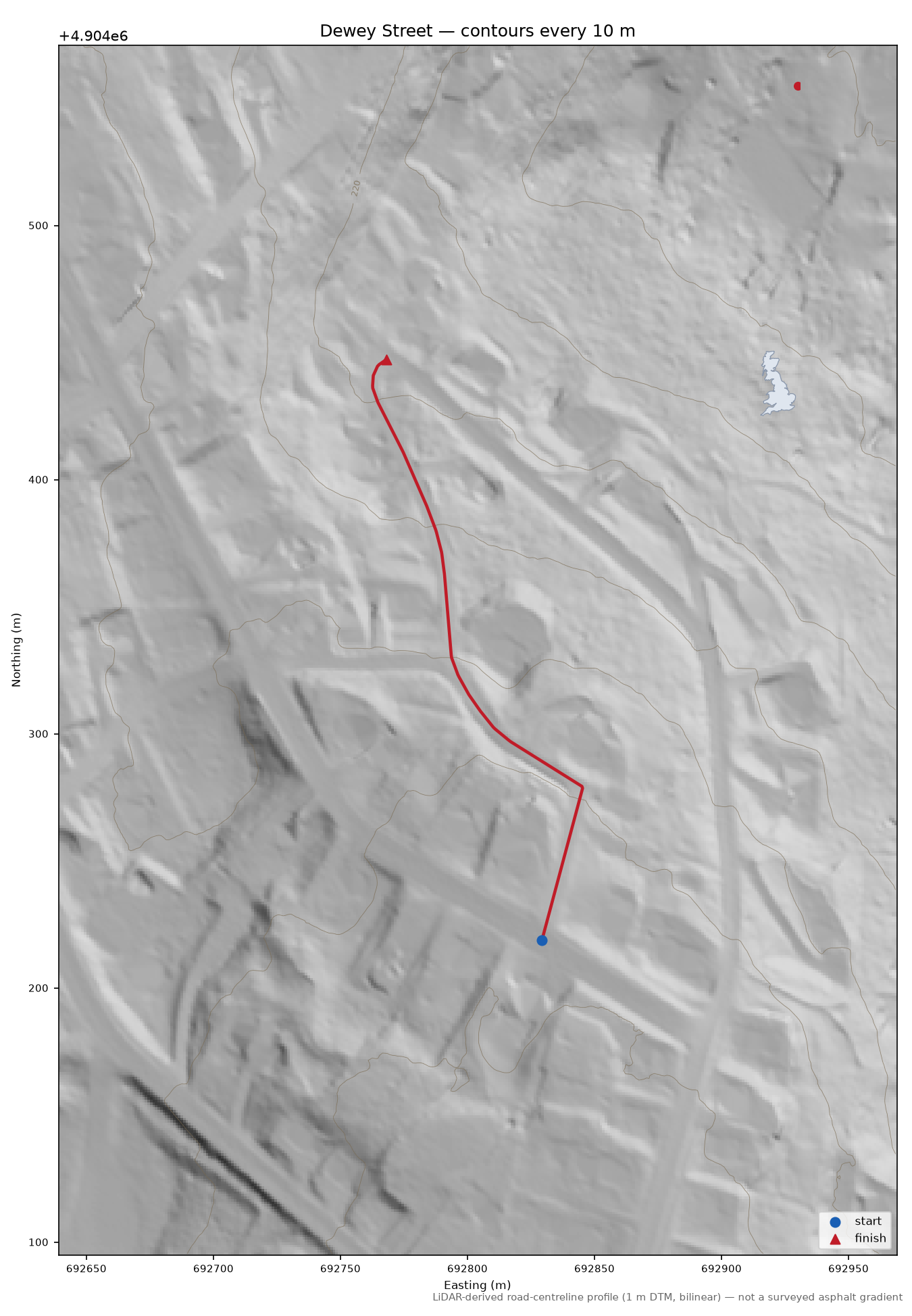 Dewey Street LiDAR hillshade map with contours