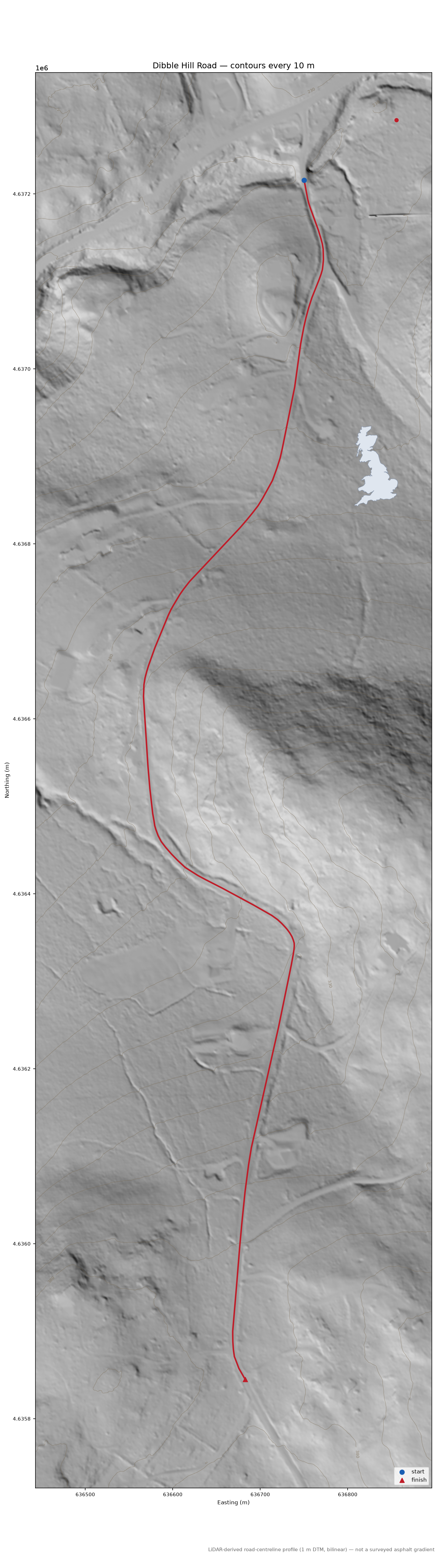 Dibble Hill Road LiDAR hillshade map with contours