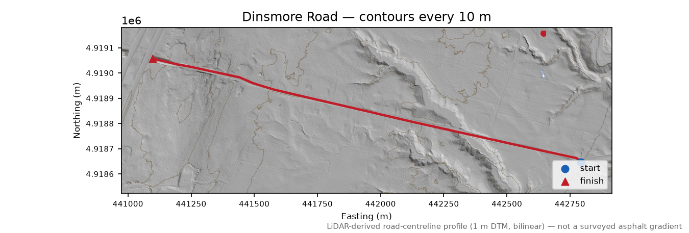 Dinsmore Road LiDAR hillshade map with contours