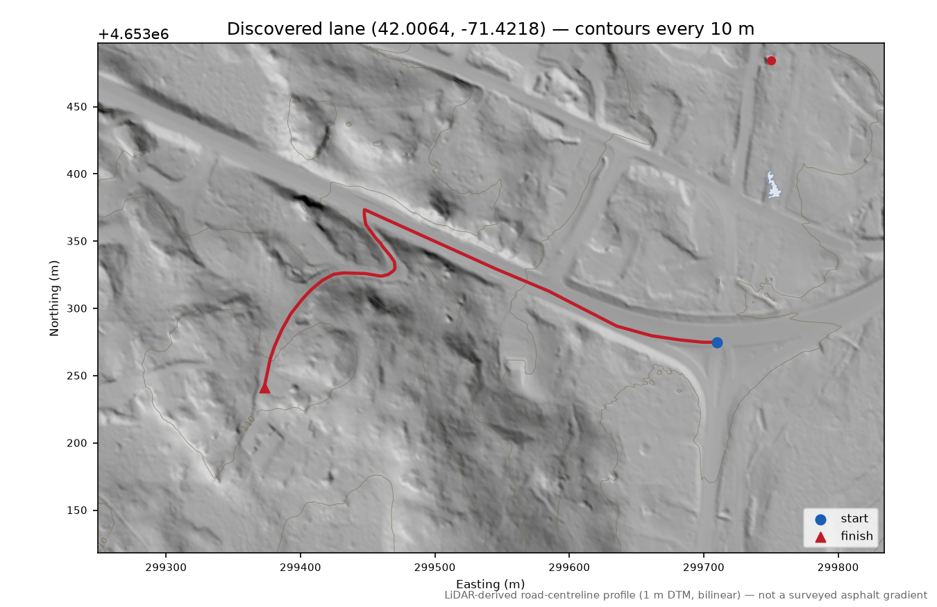 Discovered lane (42.0064, -71.4218) LiDAR hillshade map with contours