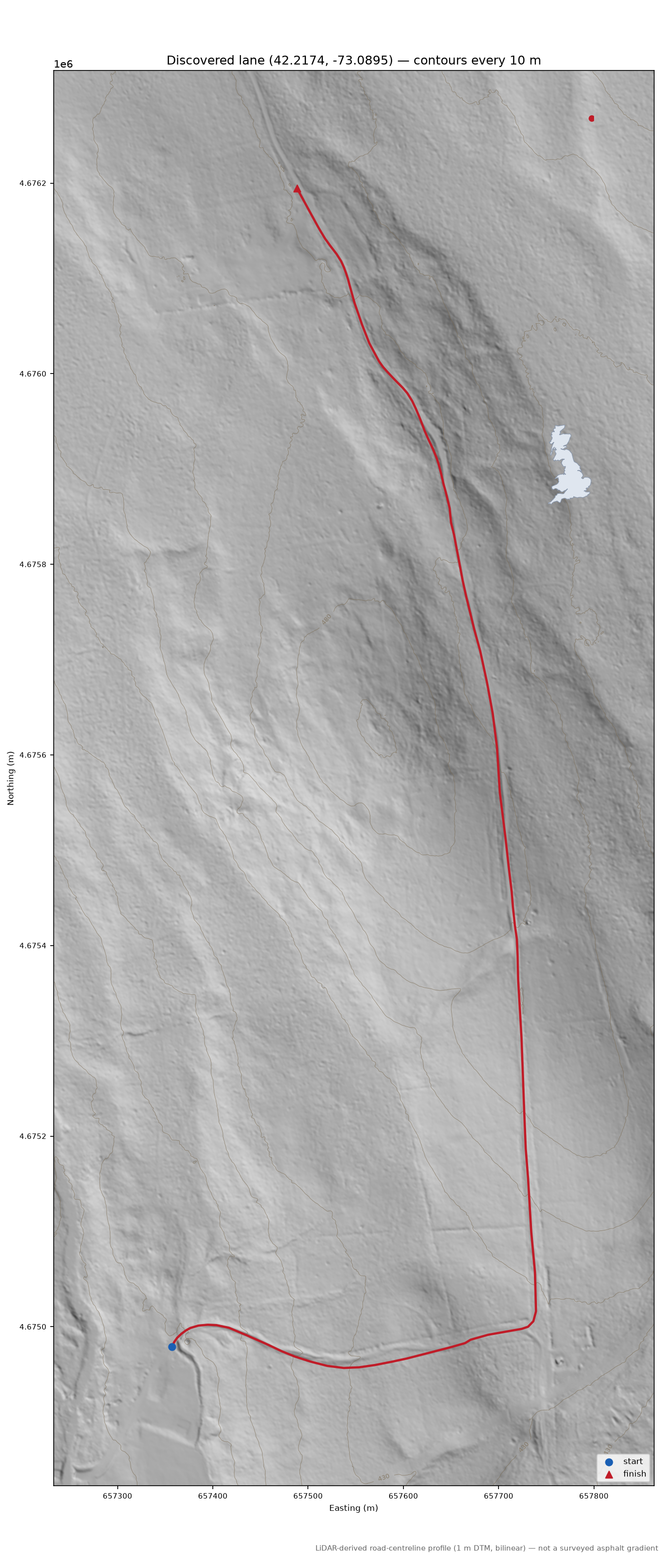 Discovered lane (42.2174, -73.0895) LiDAR hillshade map with contours