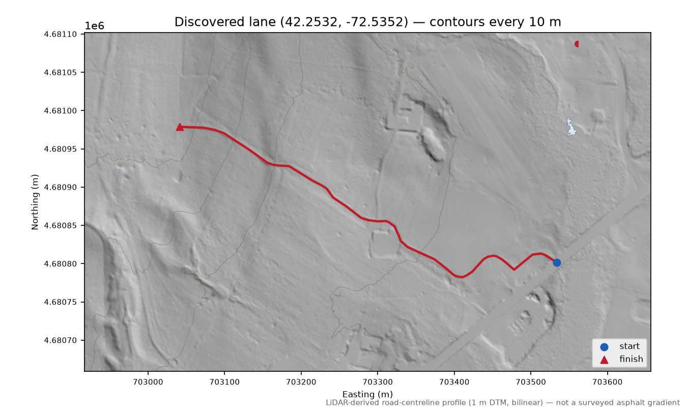 Discovered lane (42.2532, -72.5352) LiDAR hillshade map with contours