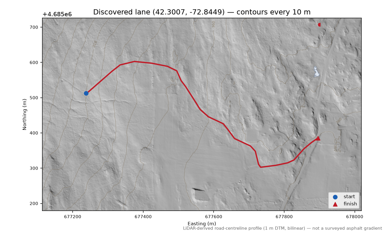 Discovered lane (42.3007, -72.8449) LiDAR hillshade map with contours