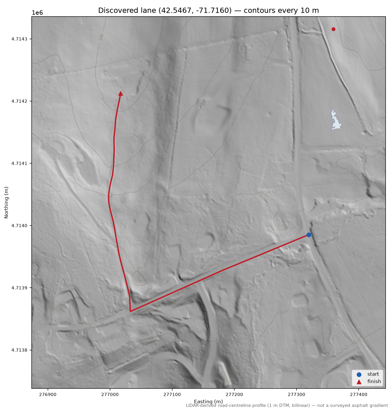 Discovered lane (42.5467, -71.7160) LiDAR hillshade map with contours