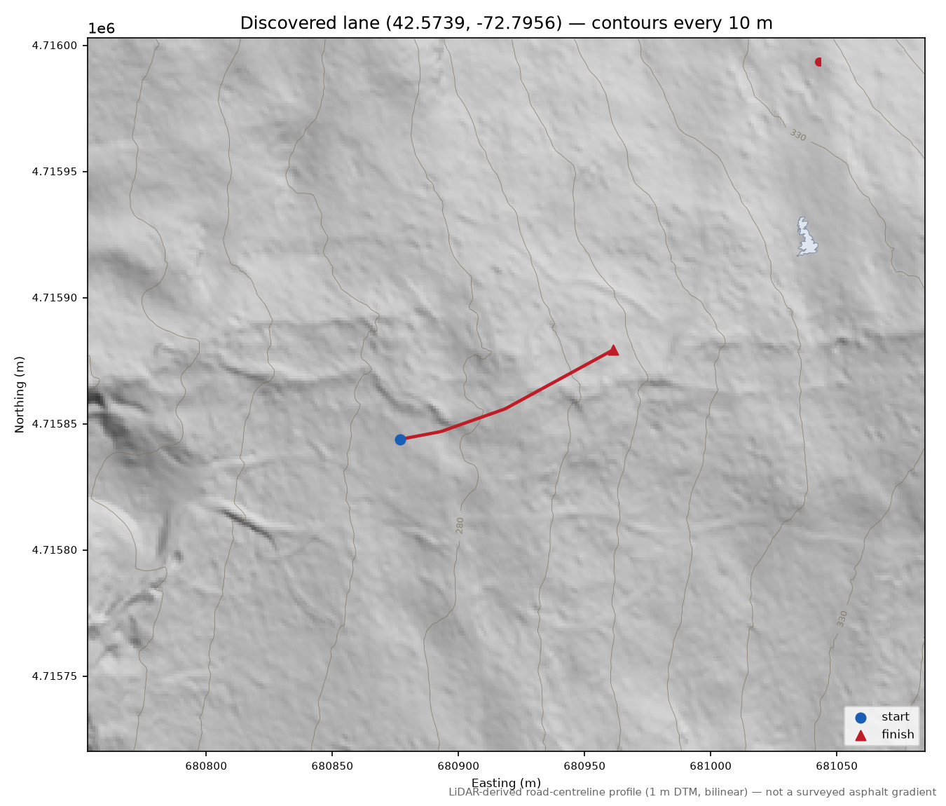 Discovered lane (42.5739, -72.7956) LiDAR hillshade map with contours