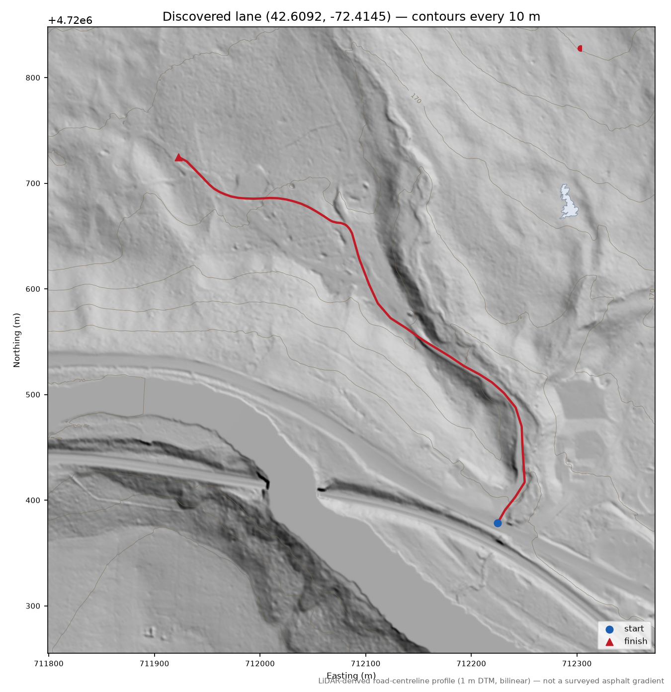 Discovered lane (42.6092, -72.4145) LiDAR hillshade map with contours