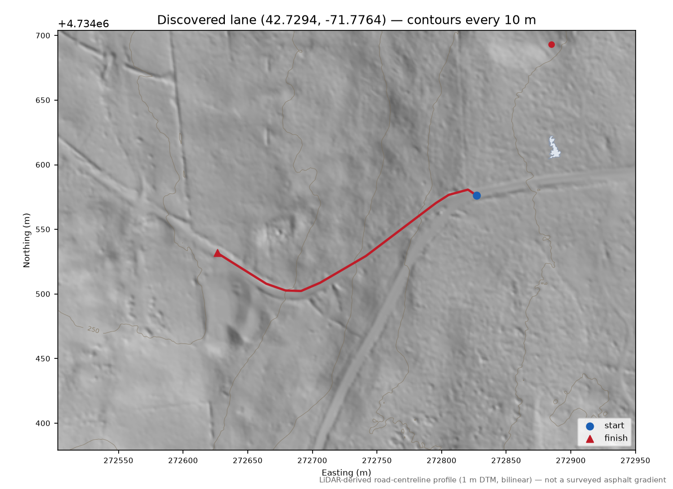 Discovered lane (42.7294, -71.7764) LiDAR hillshade map with contours
