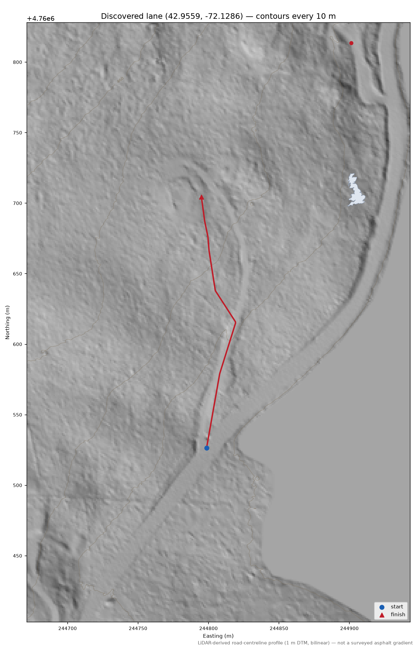 Discovered lane (42.9559, -72.1286) LiDAR hillshade map with contours