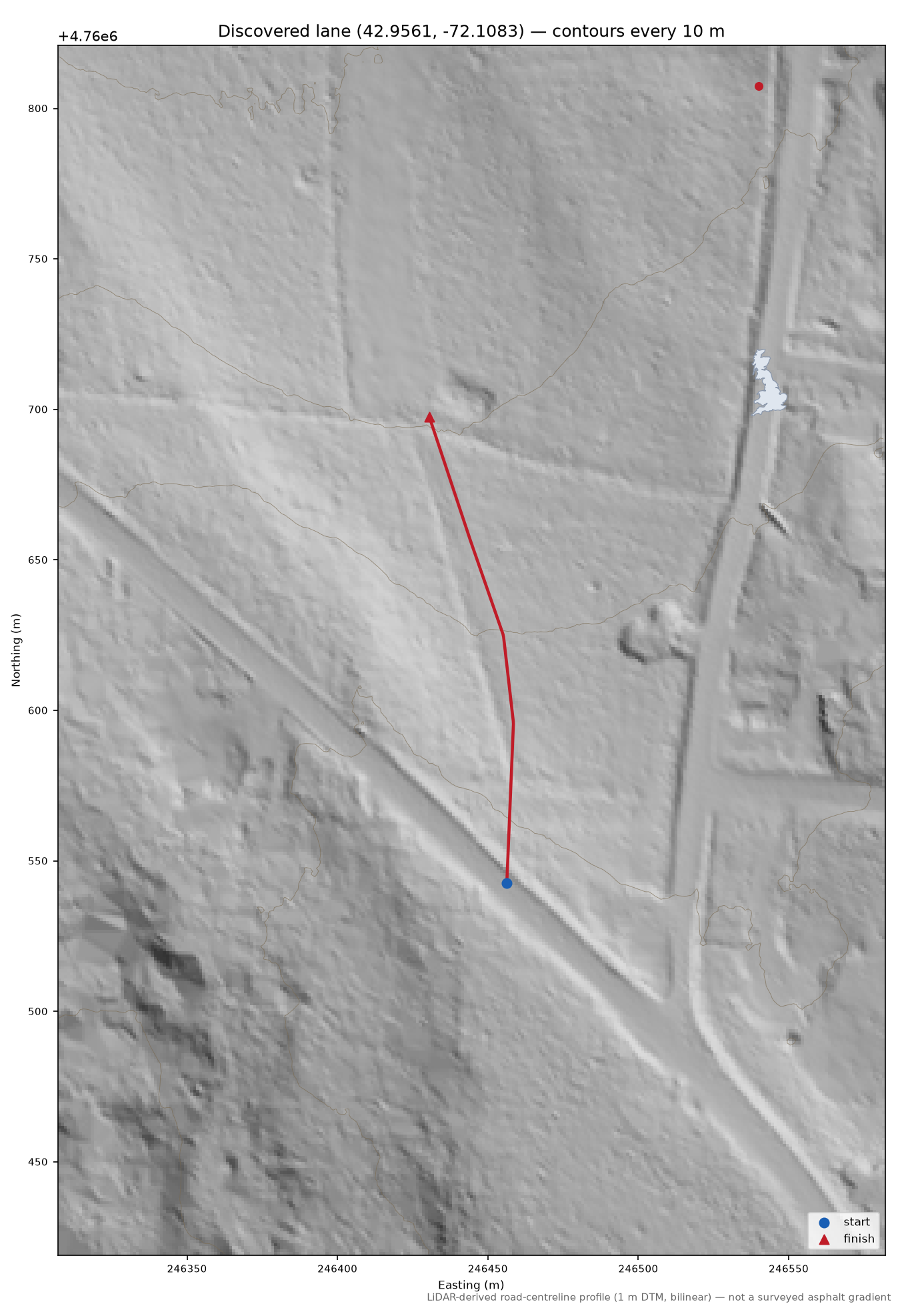 Discovered lane (42.9561, -72.1083) LiDAR hillshade map with contours