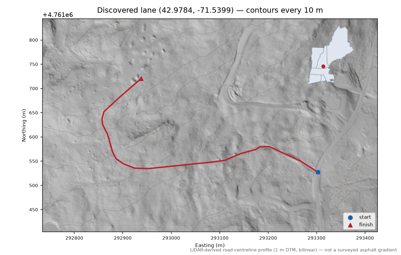 Discovered lane (42.9784, -71.5399) LiDAR hillshade map with contours