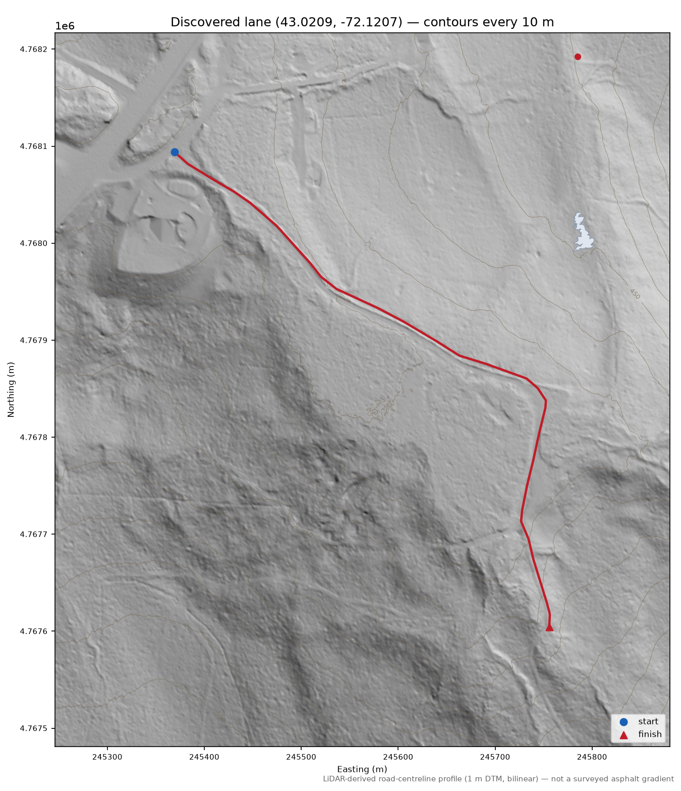 Discovered lane (43.0209, -72.1207) LiDAR hillshade map with contours