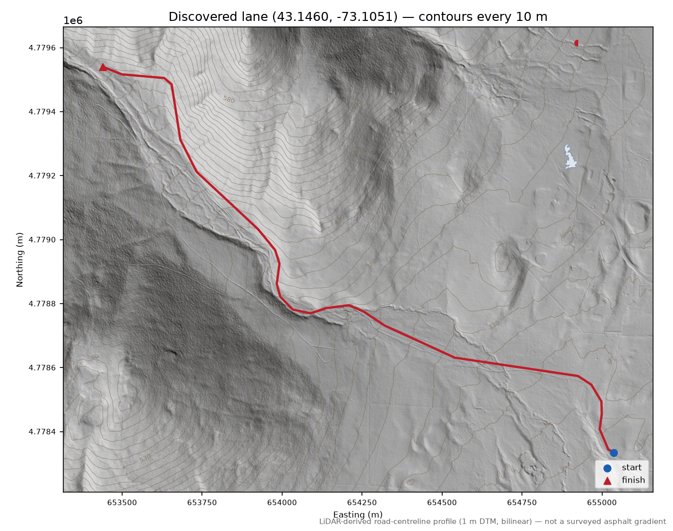 Discovered lane (43.1460, -73.1051) LiDAR hillshade map with contours