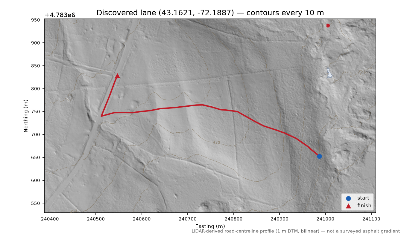 Discovered lane (43.1621, -72.1887) LiDAR hillshade map with contours